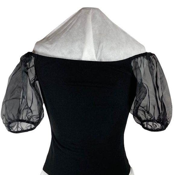 NWOT EXPRESS Feminine Black Off Shoulder Sheer Puff Sleeve Blouse XS Stretch Top - Picture 4 of 16